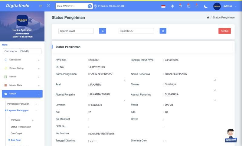 Halaman status pengiriman dan cek resi